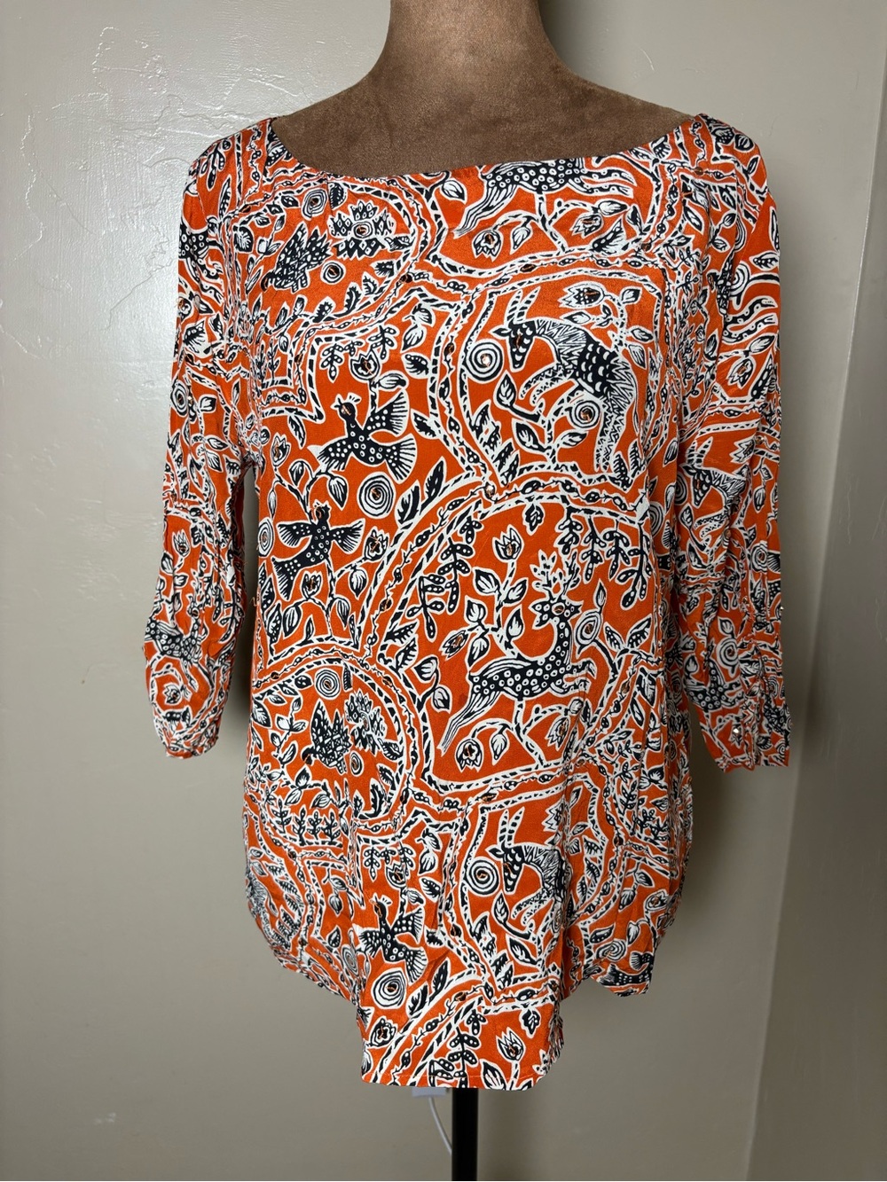 Joie 100% Silk Orange Printed Boatneck Tunic with Black & White Motif